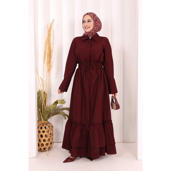 Belden Lastikli Boydan Düğmeli Elbise 6062 Bordo