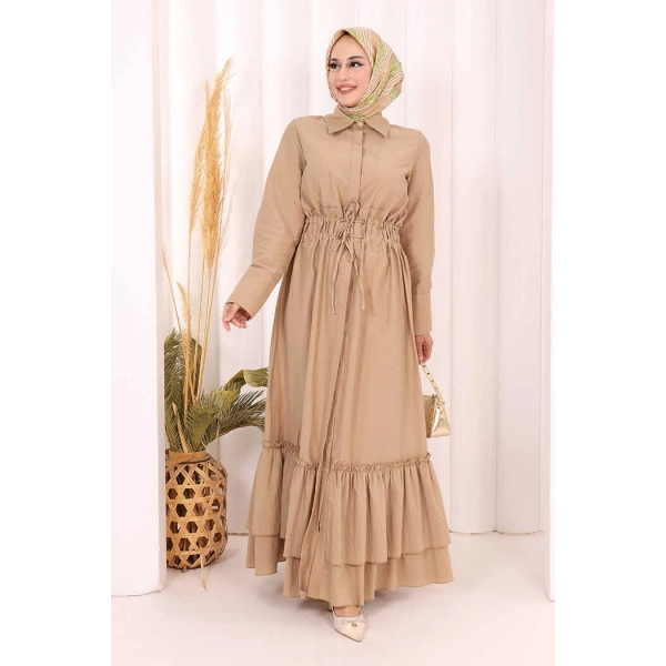 Belden Lastikli Boydan Düğmeli Elbise 6062 Camel