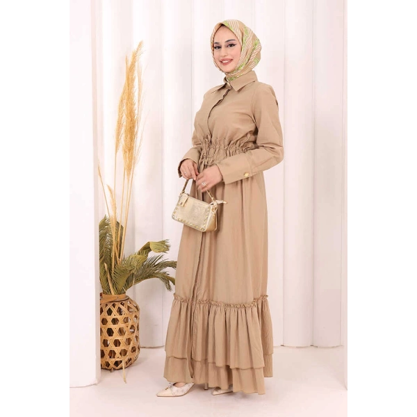 Belden Lastikli Boydan Düğmeli Elbise 6062 Camel