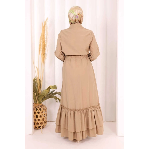 Belden Lastikli Boydan Düğmeli Elbise 6062 Camel