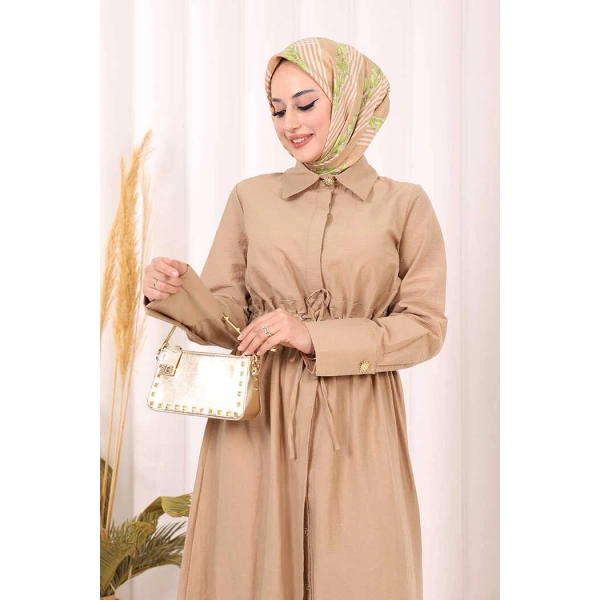 Belden Lastikli Boydan Düğmeli Elbise 6062 Camel