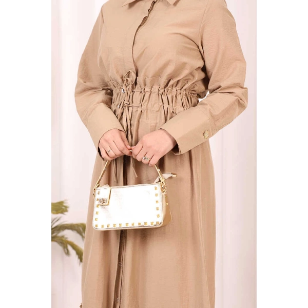 Belden Lastikli Boydan Düğmeli Elbise 6062 Camel