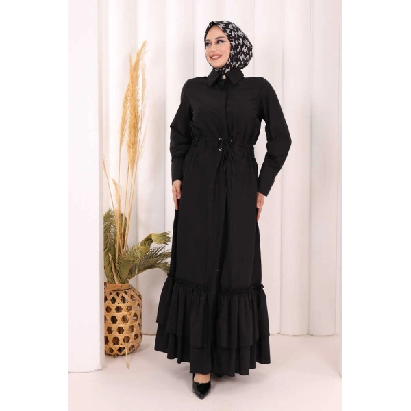 Belden Lastikli Boydan Düğmeli Elbise 6062 Siyah
