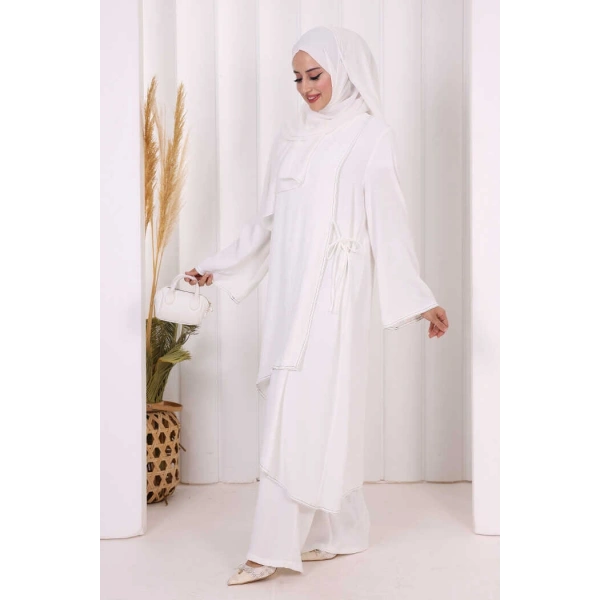 Biyeli Uzun Tunik Pantolon Takım 8005 Ekru