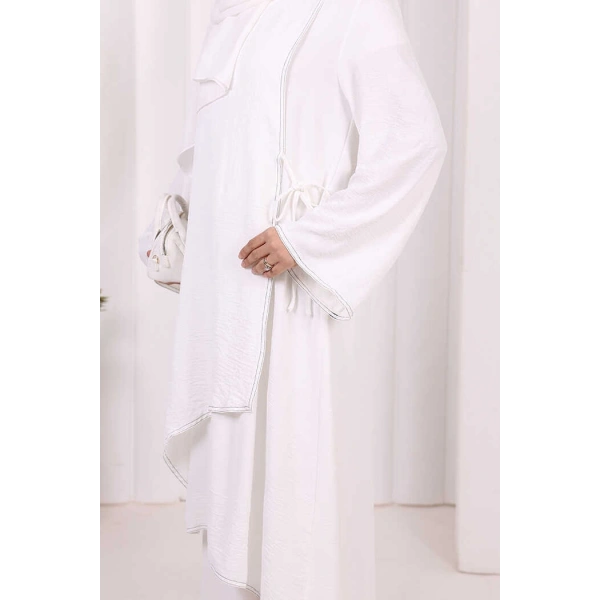 Biyeli Uzun Tunik Pantolon Takım 8005 Ekru
