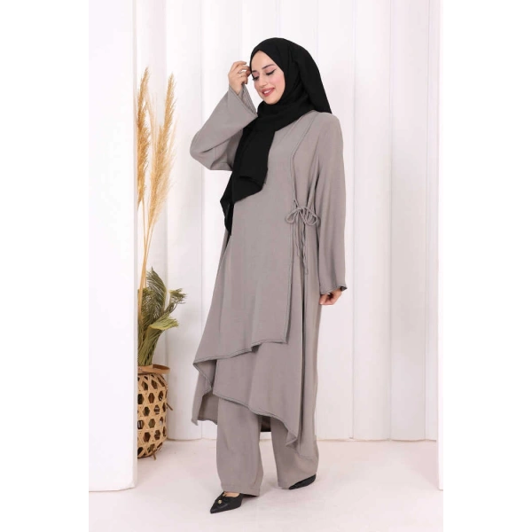 Biyeli Uzun Tunik Pantolon Takım 8005 Gri