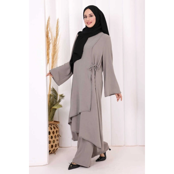 Biyeli Uzun Tunik Pantolon Takım 8005 Gri