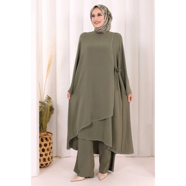 Biyeli Uzun Tunik Pantolon Takım 8005 Haki