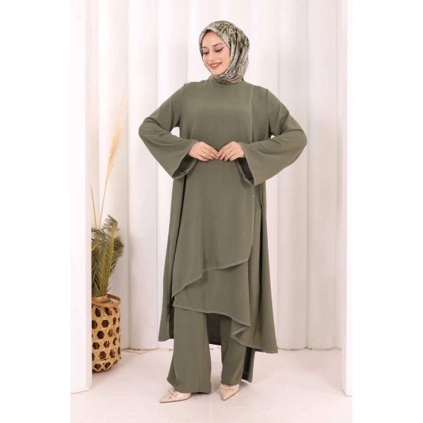Biyeli Uzun Tunik Pantolon Takım 8005 Haki