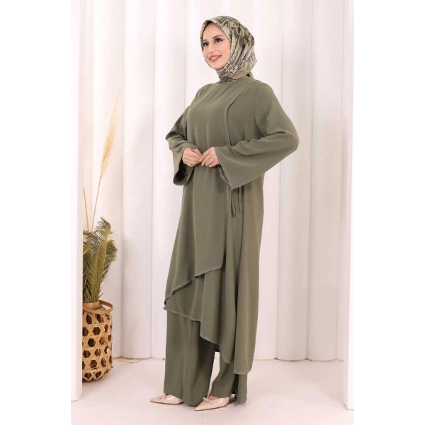 Biyeli Uzun Tunik Pantolon Takım 8005 Haki