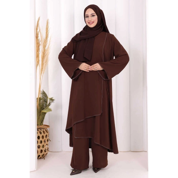 Biyeli Uzun Tunik Pantolon Takım 8005 Kahverengi