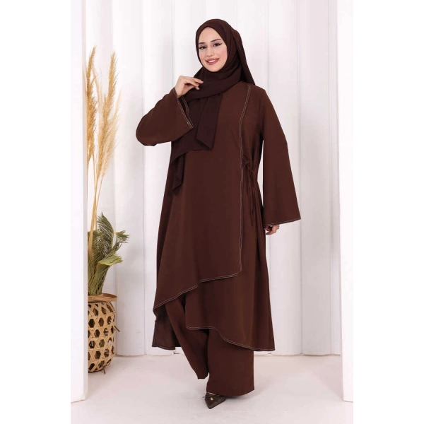 Biyeli Uzun Tunik Pantolon Takım 8005 Kahverengi