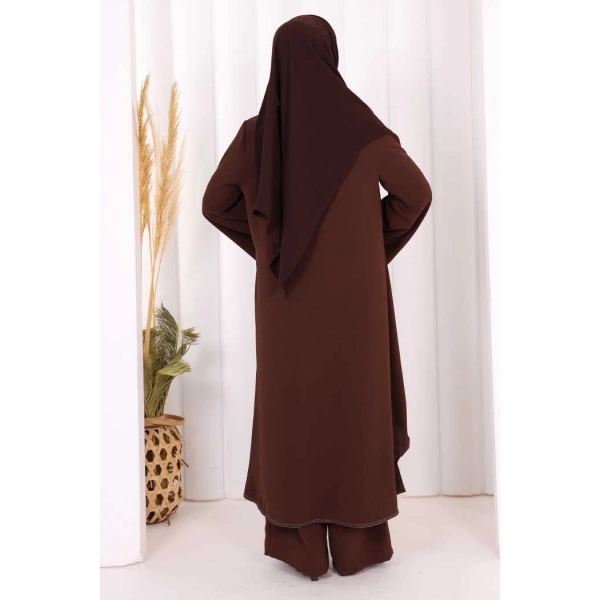 Biyeli Uzun Tunik Pantolon Takım 8005 Kahverengi
