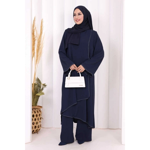 Biyeli Uzun Tunik Pantolon Takım 8005 Lacivert