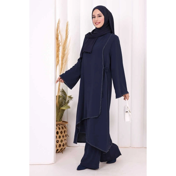 Biyeli Uzun Tunik Pantolon Takım 8005 Lacivert