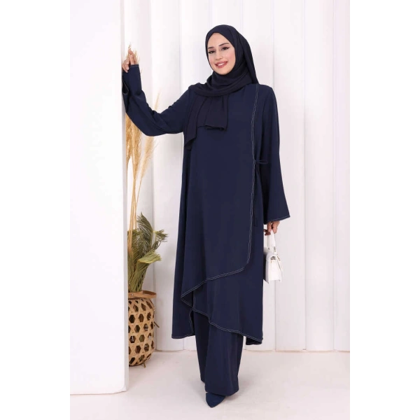 Biyeli Uzun Tunik Pantolon Takım 8005 Lacivert