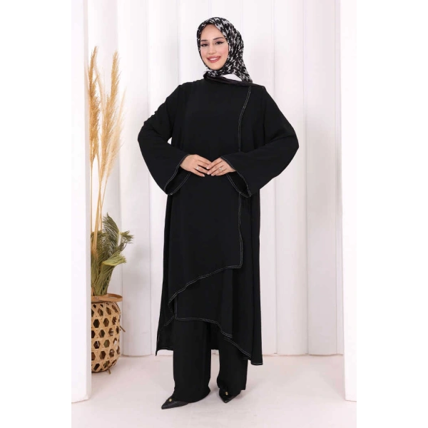 Biyeli Uzun Tunik Pantolon Takım 8005 Siyah