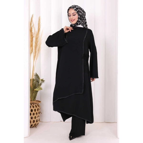 Biyeli Uzun Tunik Pantolon Takım 8005 Siyah