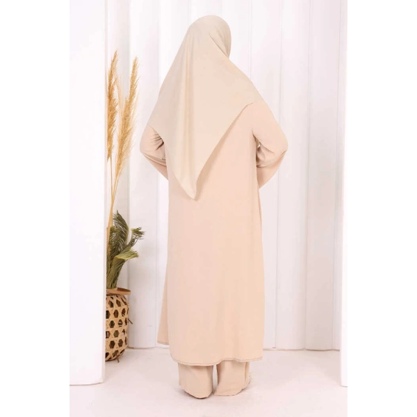 Biyeli Uzun Tunik Pantolon Takım 8005 Taş