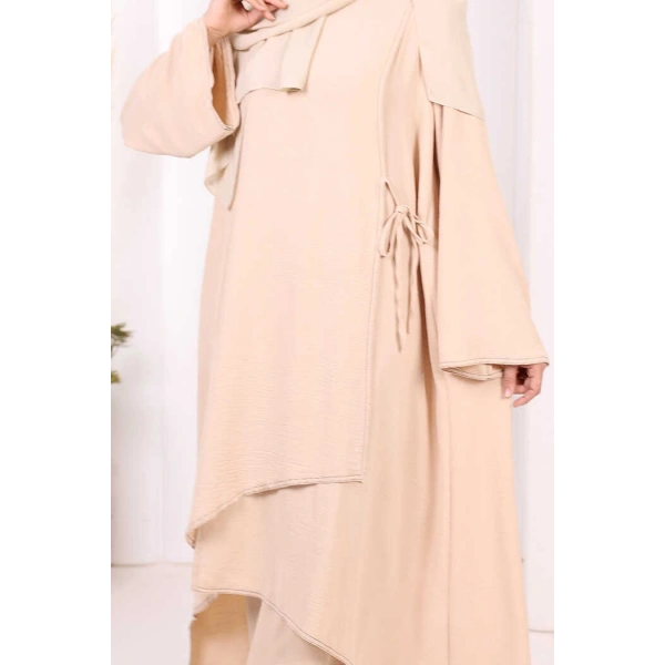 Biyeli Uzun Tunik Pantolon Takım 8005 Taş
