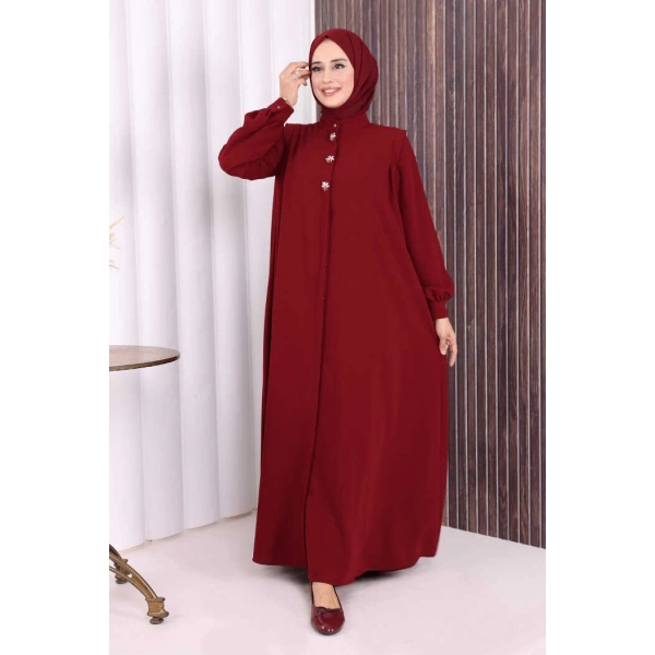 Boydan Düğmeli Taş İşleme Detaylı Ferace 7903 Bordo