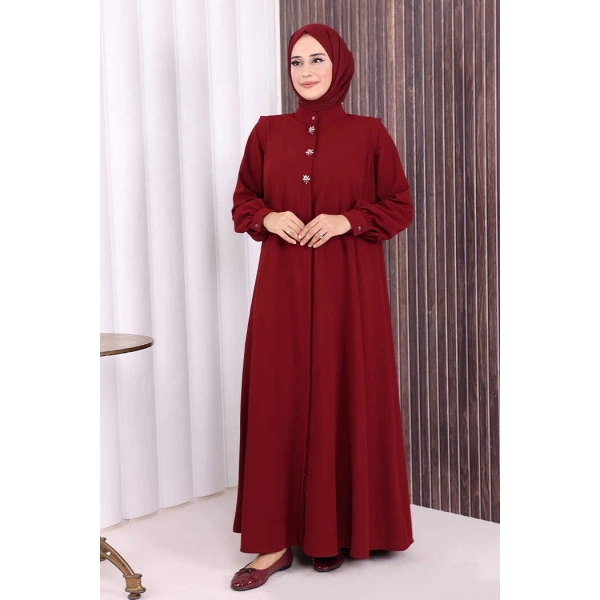 Boydan Düğmeli Taş İşleme Detaylı Ferace 7903 Bordo