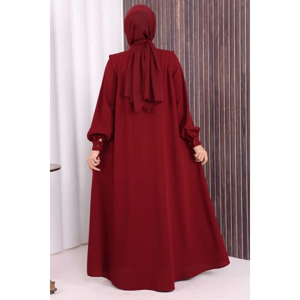 Boydan Düğmeli Taş İşleme Detaylı Ferace 7903 Bordo