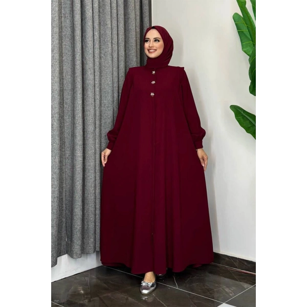 Boydan Düğmeli Taş İşleme Detaylı Ferace 7903 Bordo