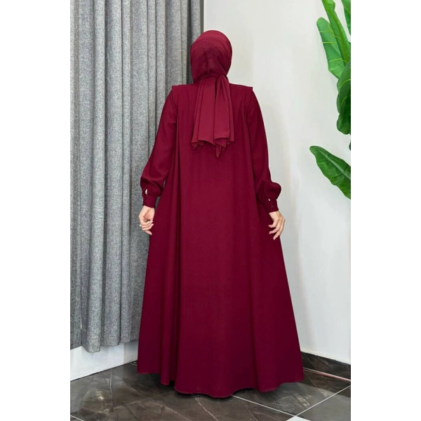 Boydan Düğmeli Taş İşleme Detaylı Ferace 7903 Bordo