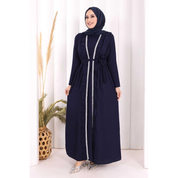 Boydan Fırfırlı Yelekli Elbise Takım 8489 Lacivert