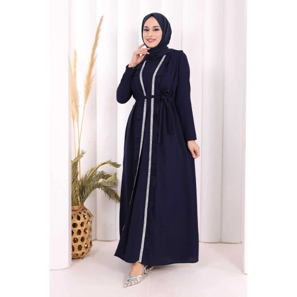 Boydan Fırfırlı Yelekli Elbise Takım 8489 Lacivert