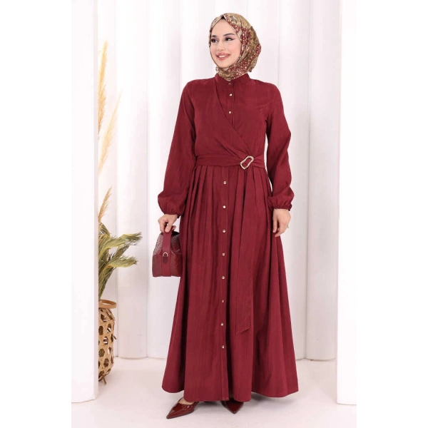 Broş Detaylı Boydan Düğmeli Elbise 7059 Bordo