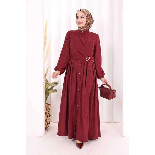Broş Detaylı Boydan Düğmeli Elbise 7059 Bordo