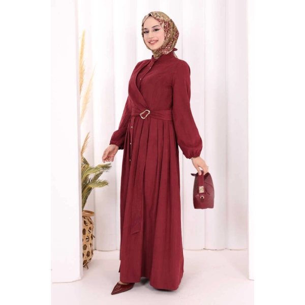 Broş Detaylı Boydan Düğmeli Elbise 7059 Bordo