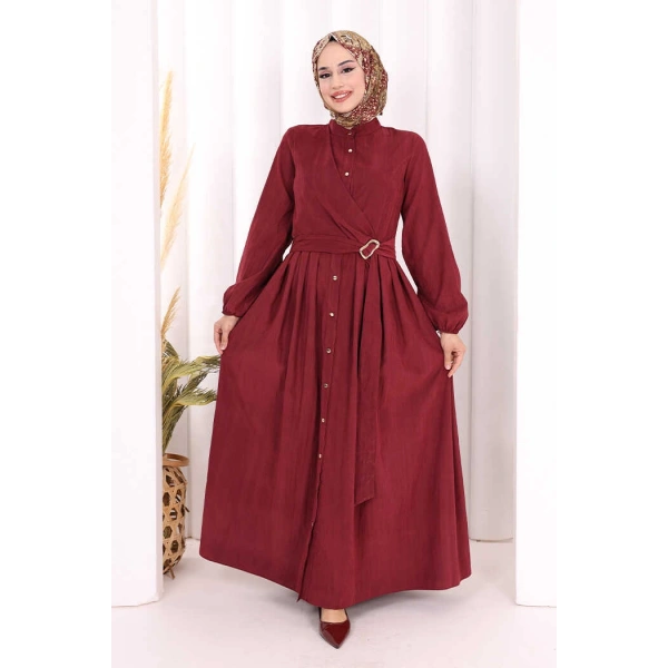 Broş Detaylı Boydan Düğmeli Elbise 7059 Bordo