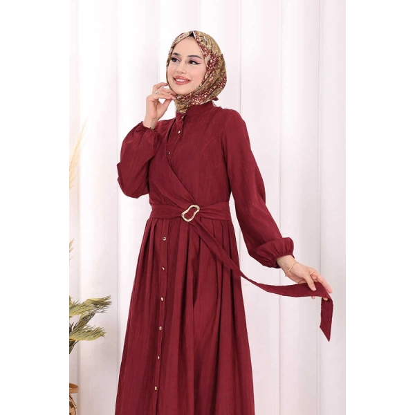 Broş Detaylı Boydan Düğmeli Elbise 7059 Bordo