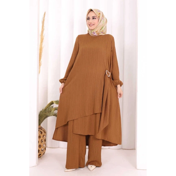 Broş Detaylı Pantolon Takım 8011 Kahverengi