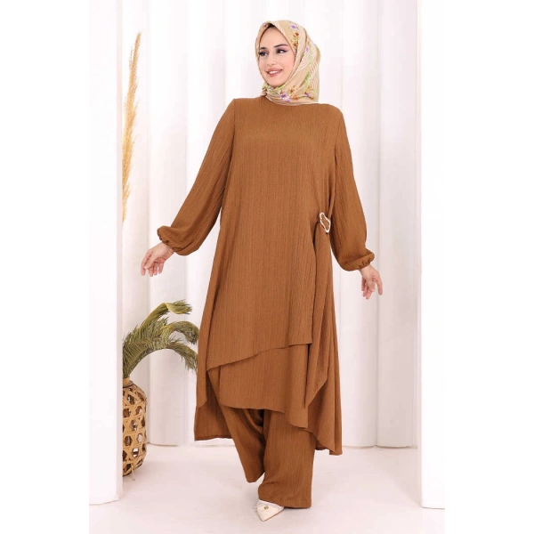 Broş Detaylı Pantolon Takım 8011 Kahverengi