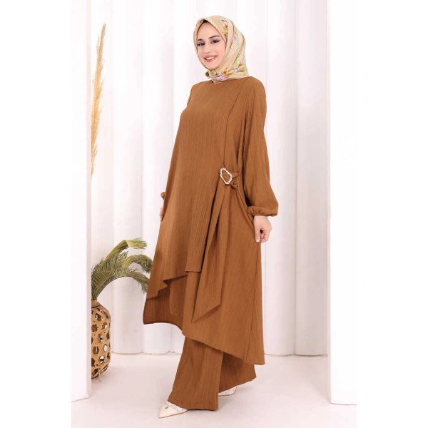 Broş Detaylı Pantolon Takım 8011 Kahverengi