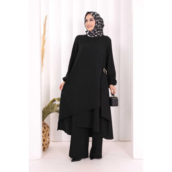 Broş Detaylı Pantolon Takım 8011 Siyah