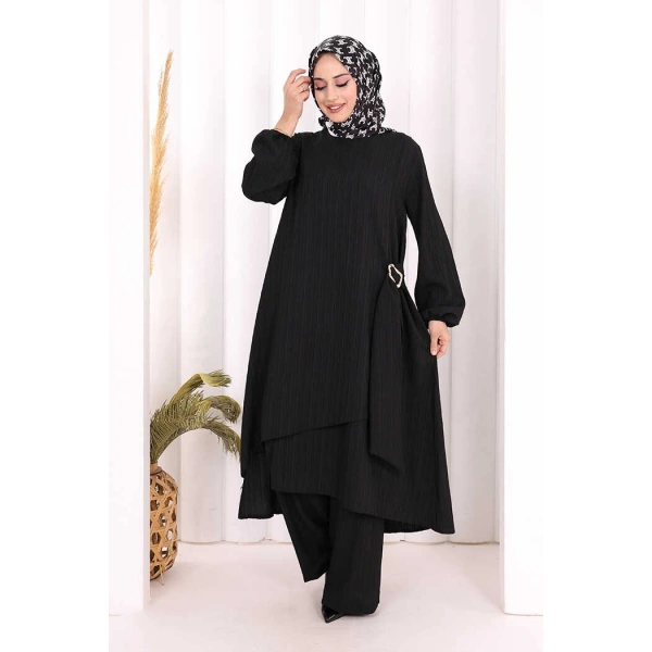 Broş Detaylı Pantolon Takım 8011 Siyah