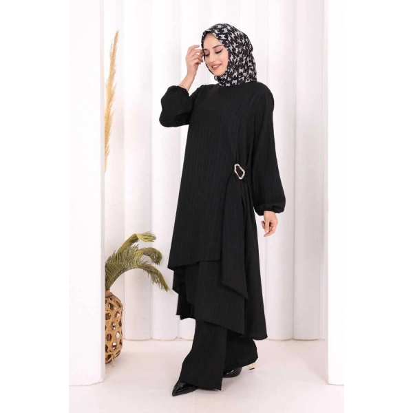 Broş Detaylı Pantolon Takım 8011 Siyah