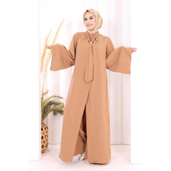 Broş Detaylı Tulumlu Takım 8016 Taba