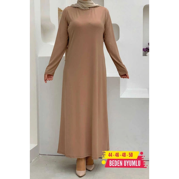 Büyük Beden Düz Bisklet Yaka Uzun Kol İç Sandy Elbise 3202-1 Taba
