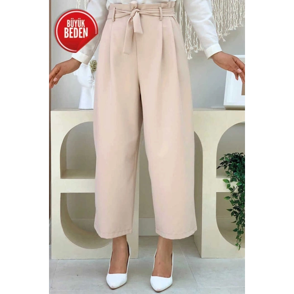 Büyük Beden Fermuarlı Bel Bağcıklı Pantolon 0174-1 Taş