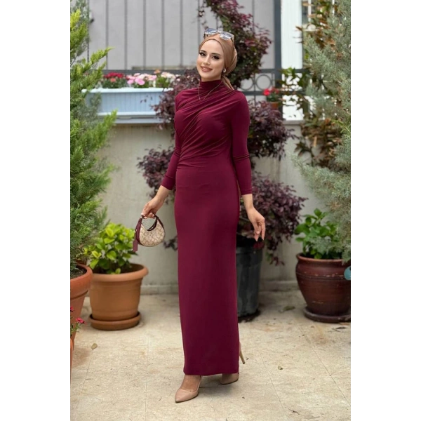Büzgü Detaylı Sandy Elbise 3970 Bordo