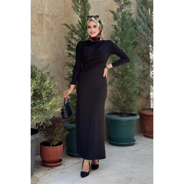 Büzgü Detaylı Sandy Elbise 3970 Siyah
