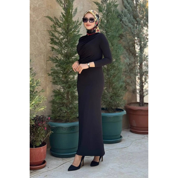 Büzgü Detaylı Sandy Elbise 3970 Siyah