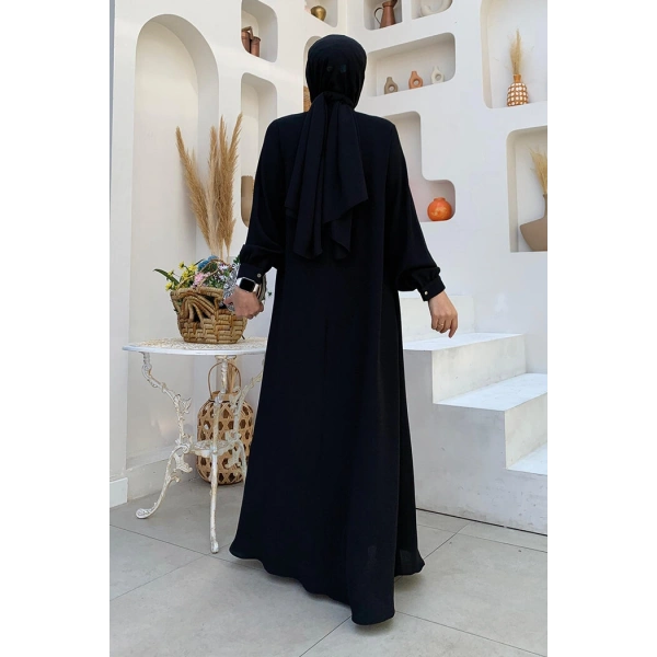 Çapraz Parça Görünümlü İncili Elbise 3879 Siyah