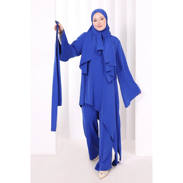 Çapraz Tunik Üçlü Takım 8037 Saks